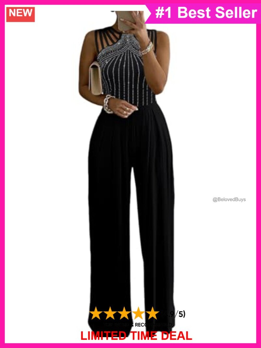 Rhinestone Cutout One Shoulder Wide Leg Jumpsuit Sleeveless Tie Neck